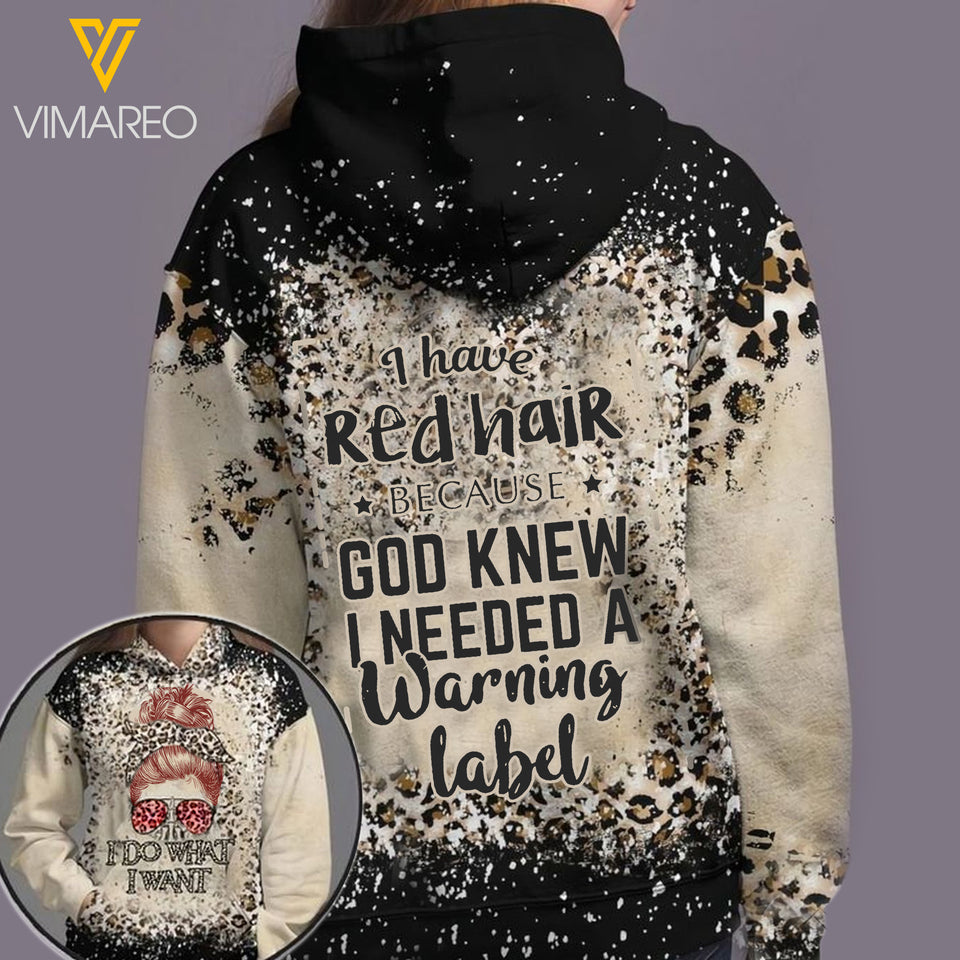 Red Hair Warning HOODIE 3D PRINTED 1103