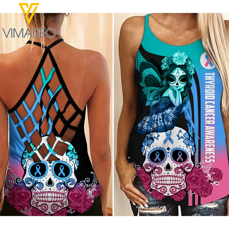 Fight Like A Girl - Thyroid Cancer Awareness Criss-Cross Open Back Camisole Tank Top Legging OCT-HQ01