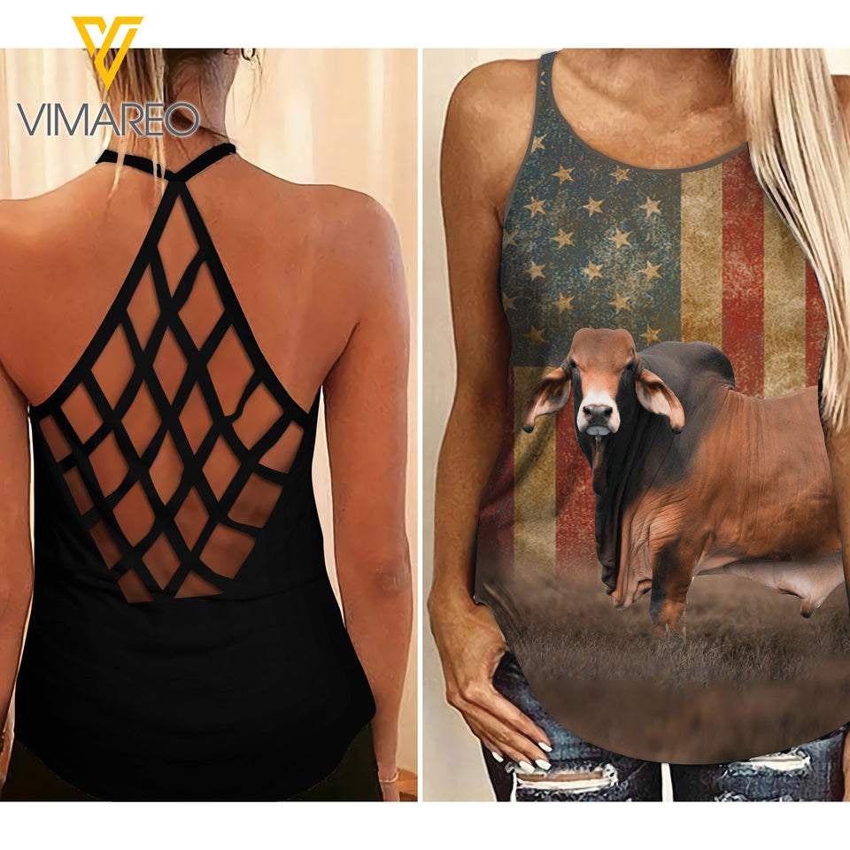 Brahman Cattle Criss-Cross Open Back Camisole Tank Top MAR-HQ24