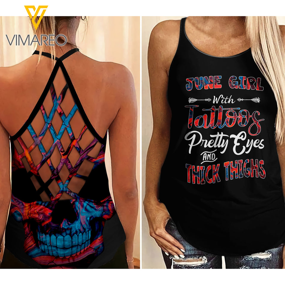 June Girl With Tattoos Criss-Cross Open Back Camisole Tank Top JUE-MQ25