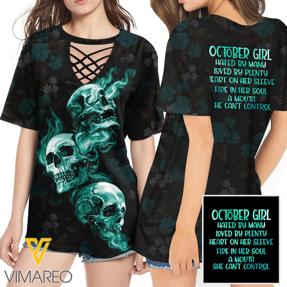 KHMD OCTOBER GIRL HATED BY MANY 3D Printed Lace up T-Shirt 2106