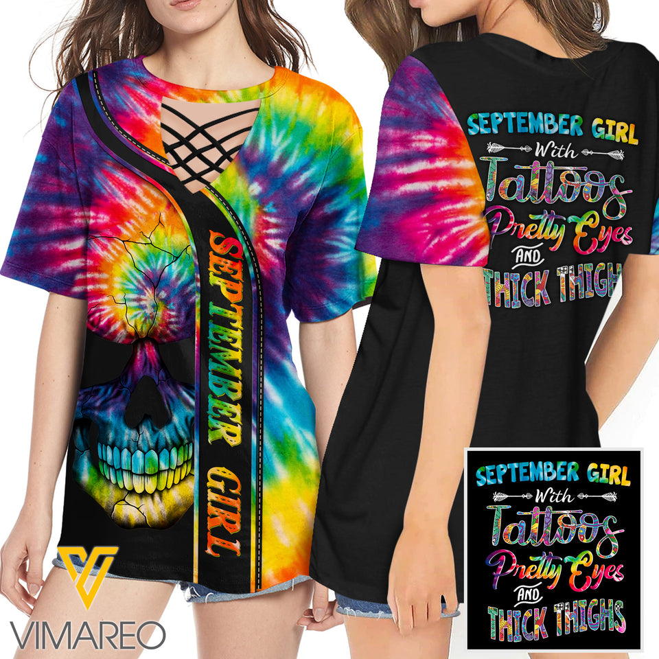 KHMD SEPTEMBER GIRL THICK THIGHS 3D Printed Lace up T-Shirt 2106