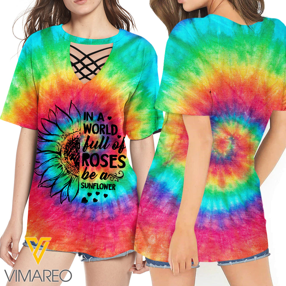 KHMD HAPPY SUNFLOWER 3D Printed Lace up T-Shirt 2206