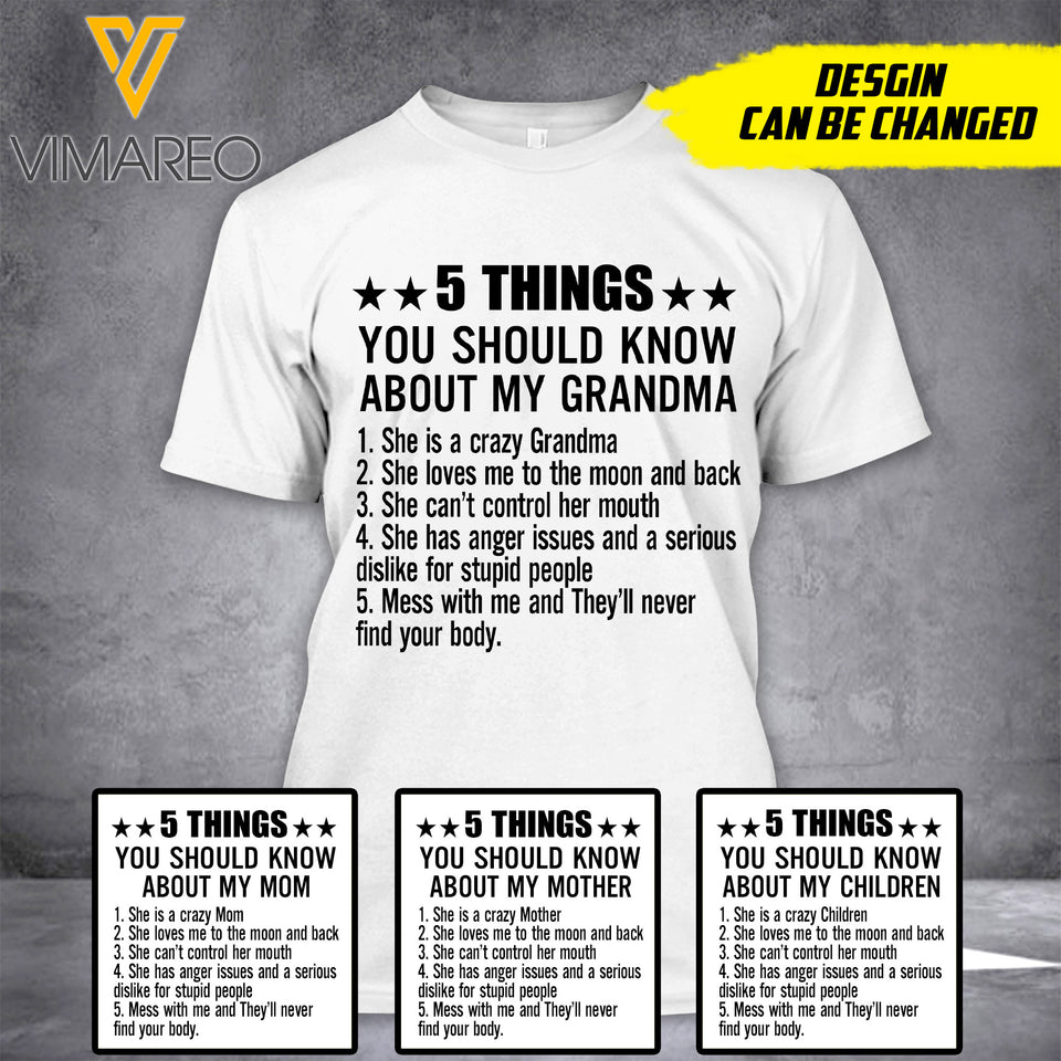 Customized 5 Things you should know 3D PRINTED SHIRT 0607N