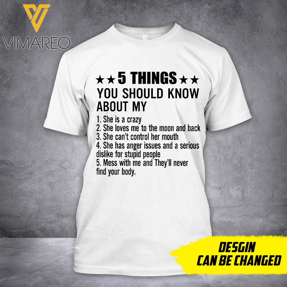 Customized 5 Things you should know 3D PRINTED SHIRT 0607N
