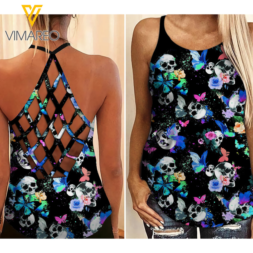 SKULL WITH BUTTERFLIES Criss-Cross Open Back Camisole Tank Top