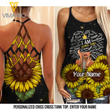 PERSONALIZED APRIL GIRL WITH SUNFLOWER Criss-Cross Open Back Camisole Tank Top