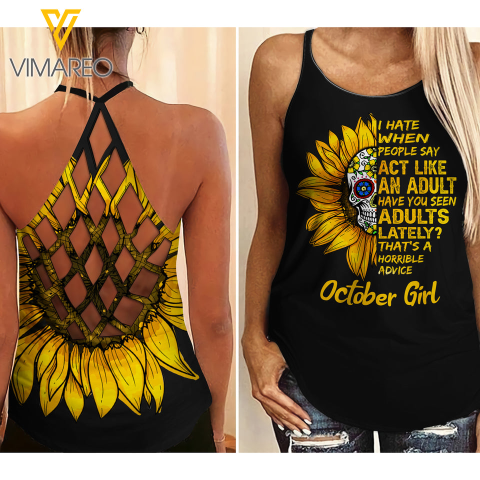 October Girl With Sunflower Criss-Cross Open Back Camisole Tank Top YYTT