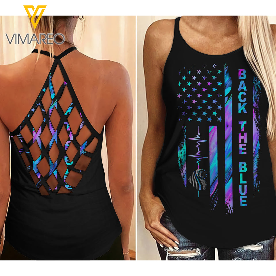 Police back the blue Criss-Cross Open Back Camisole Tank Top 1304NGBN