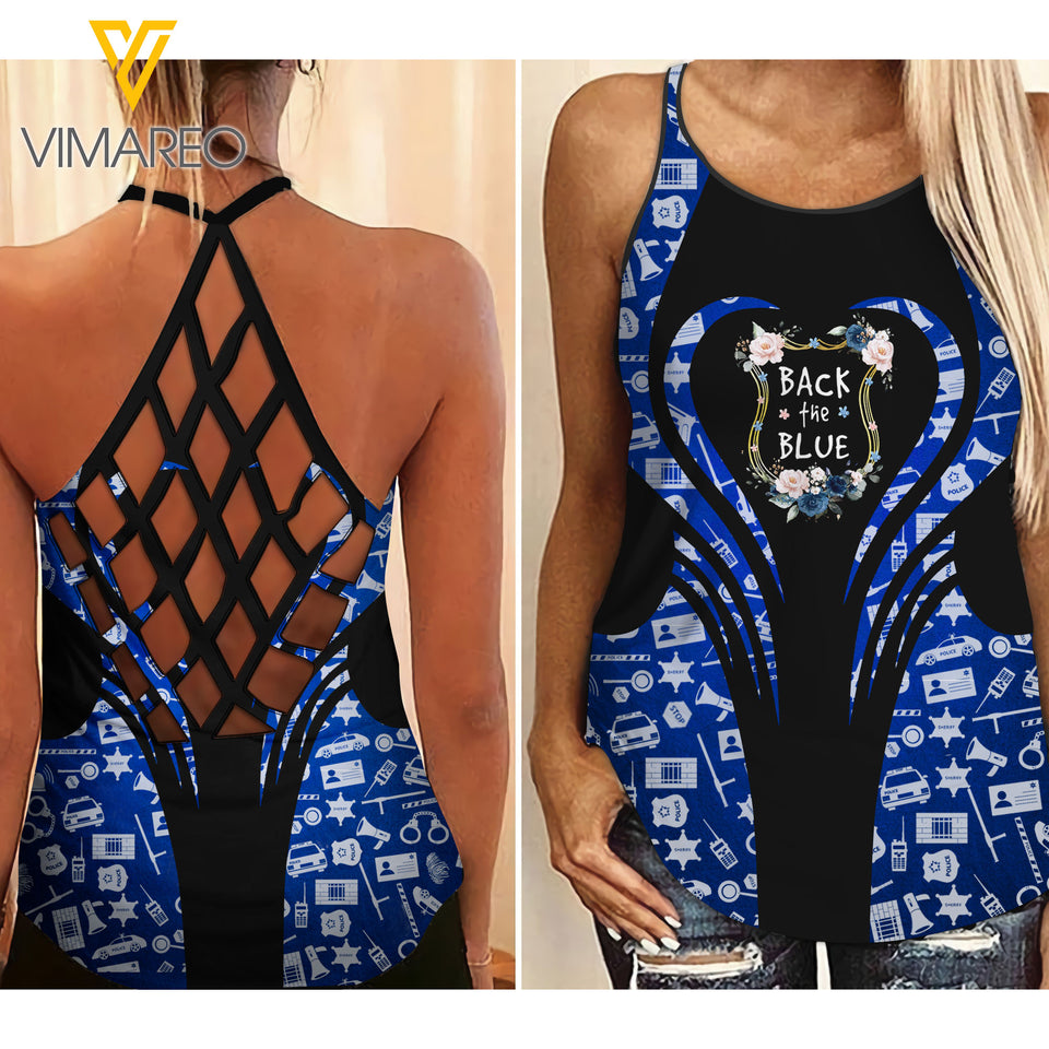 BACK THE BLUE Criss-Cross Open Back Camisole Tank Top TMTL LOVE