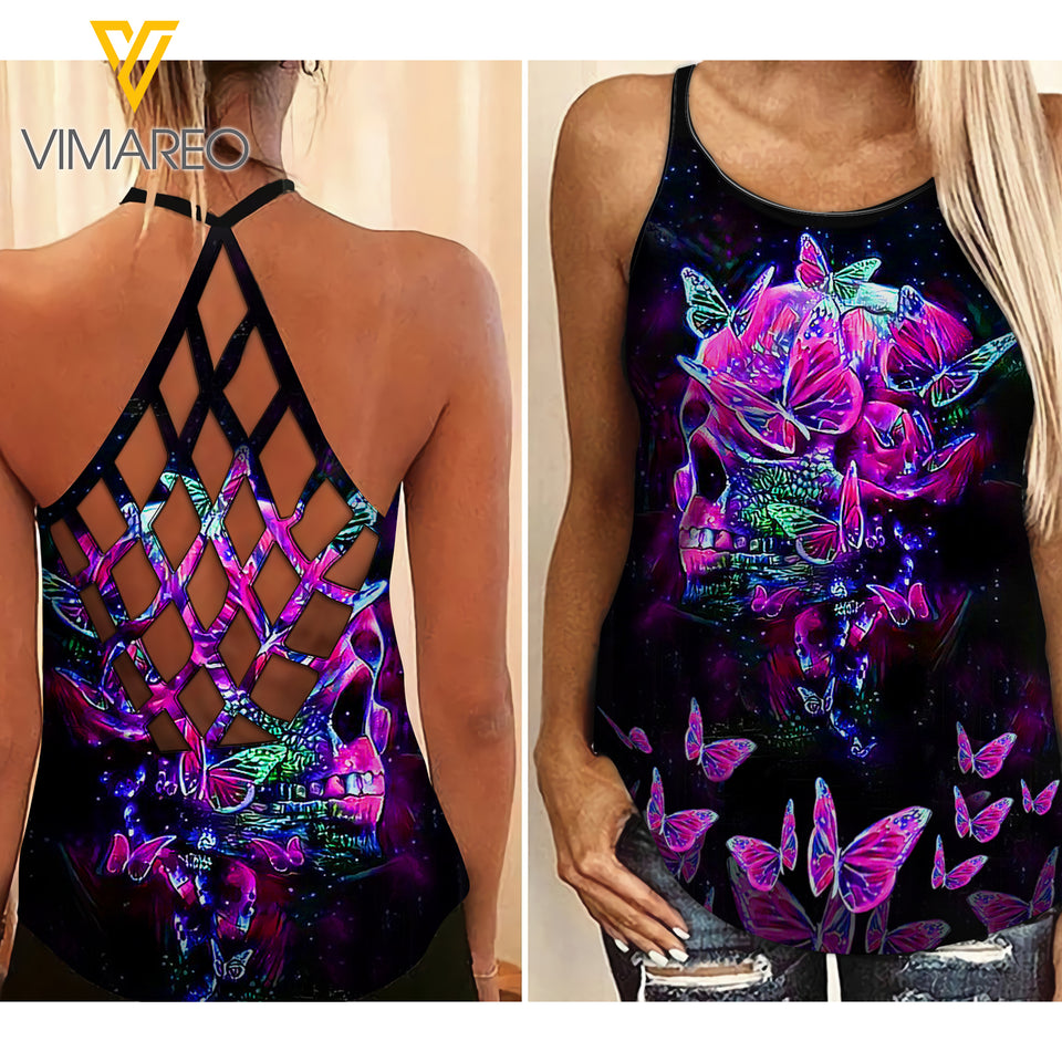 SKULL Criss-Cross Open Back Camisole Tank Top Legging TMTL BUTTERFLY