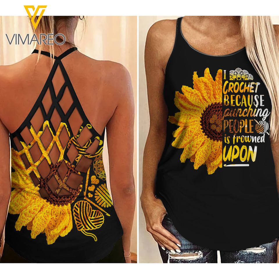 Crochet Sunflower Criss-Cross Open Back Camisole Tank Top TN1903