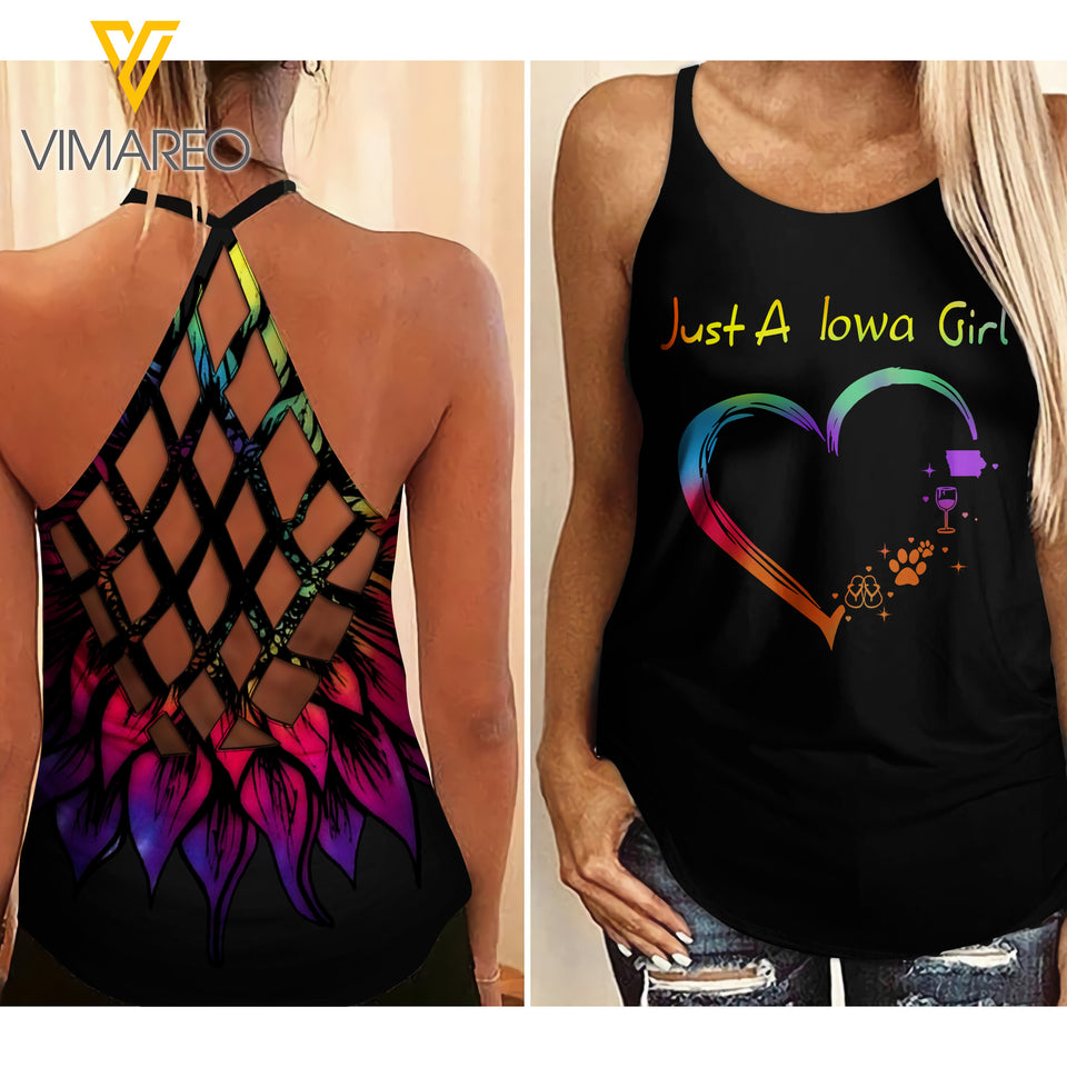 PHN Iowa Girl Criss-Cross Open Back Camisole Tank Top Legging MAR-MA17