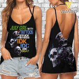 July Girl with Tattoos between IDK V Neck Halter Strap Backless Cami Tank Top