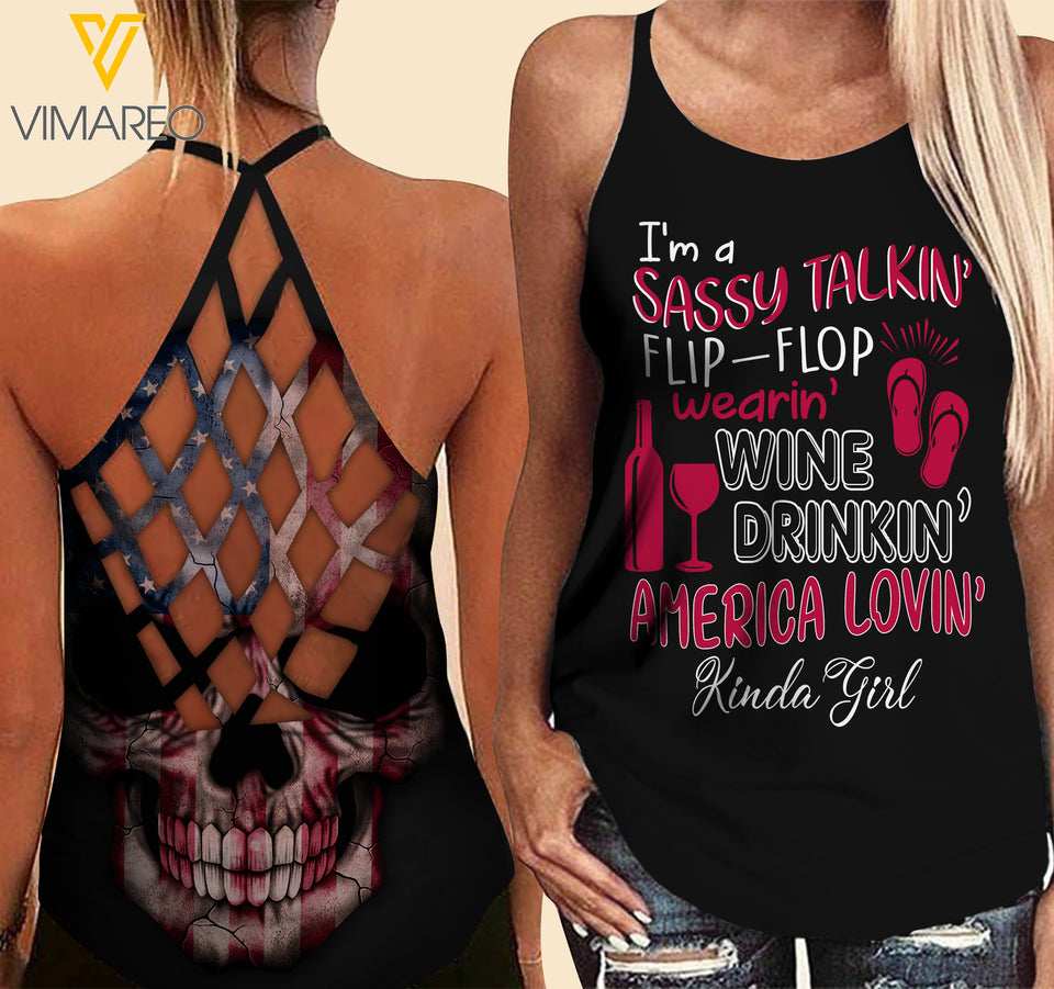 Wine Drinkin' Kinda girl Criss-Cross Open Back Camisole Tank Top
