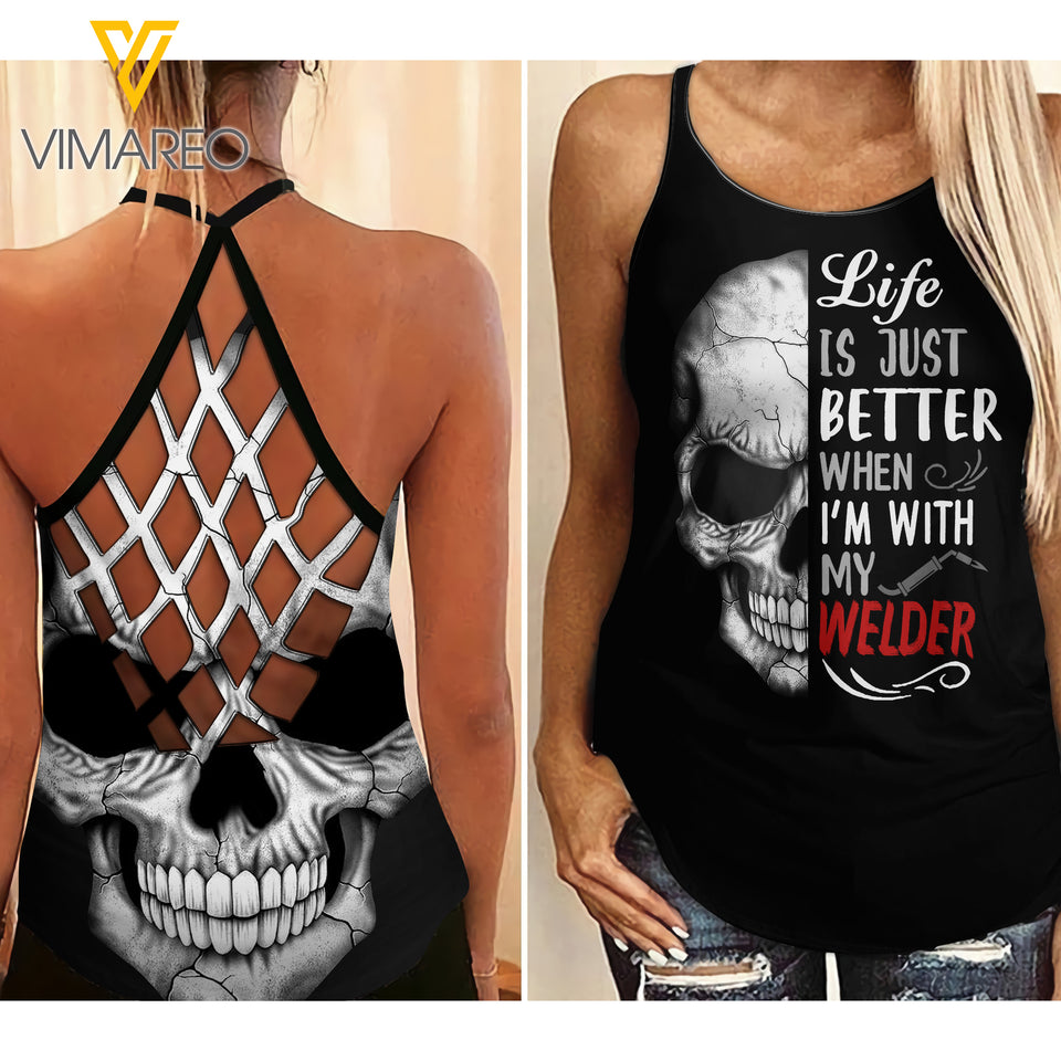 welder WIFE Criss-Cross Open Back Camisole Tank Top