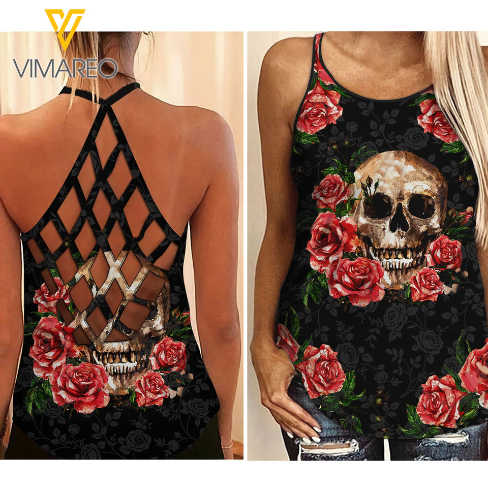 ROSE SKULL GIRL CRISS-CROSS TANK TOP