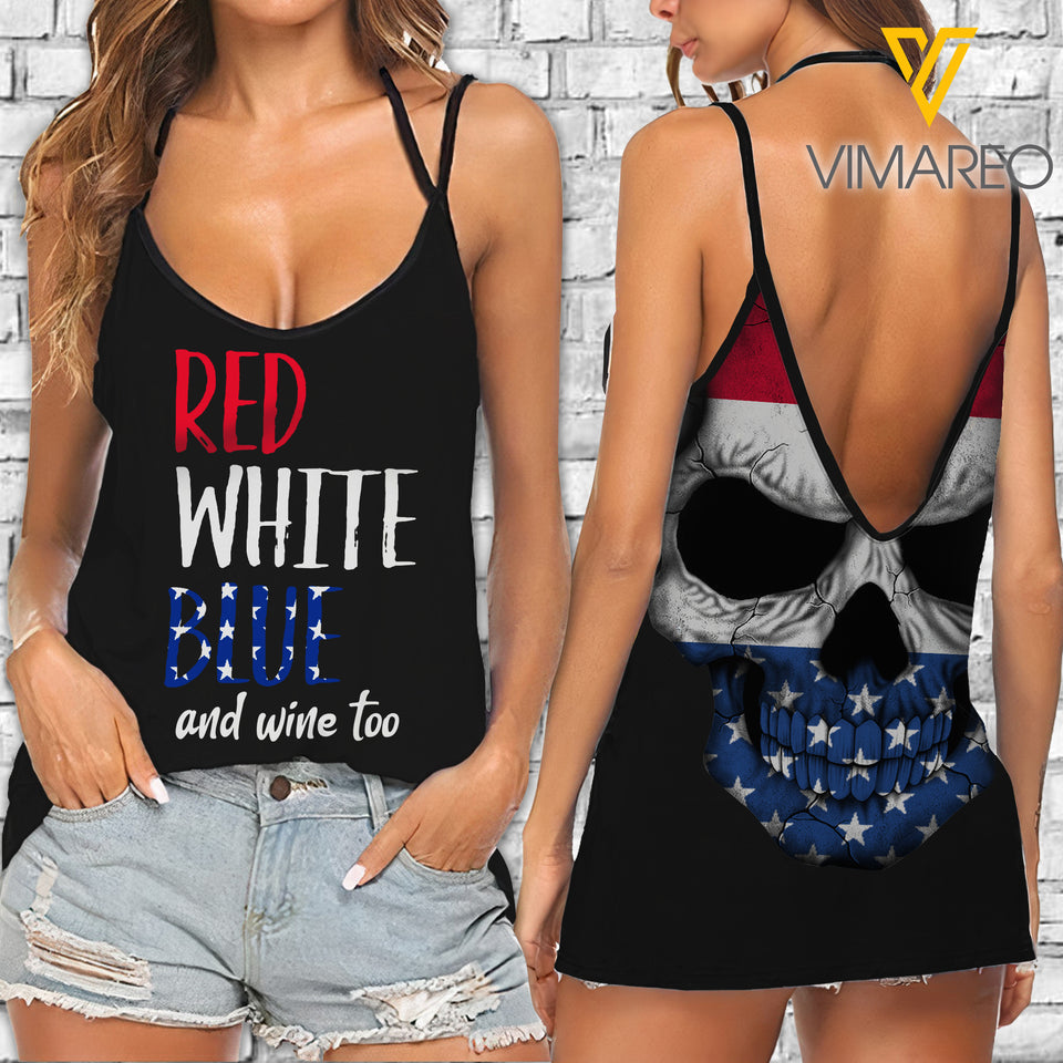 Red White Blue and Wine too V Neck Halter Strap Backless Cami Tank Top