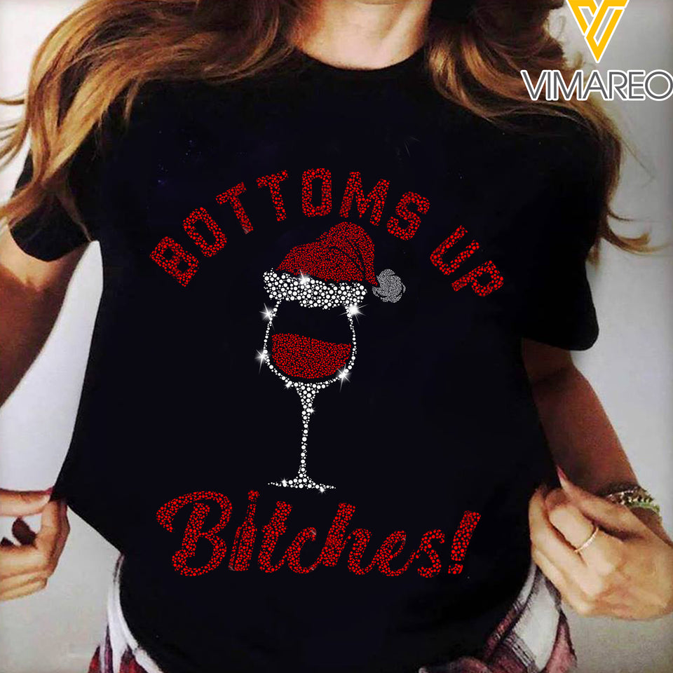 BOTTOMS UP BITCHES WINE BLACK TSHIRT QTTN2602