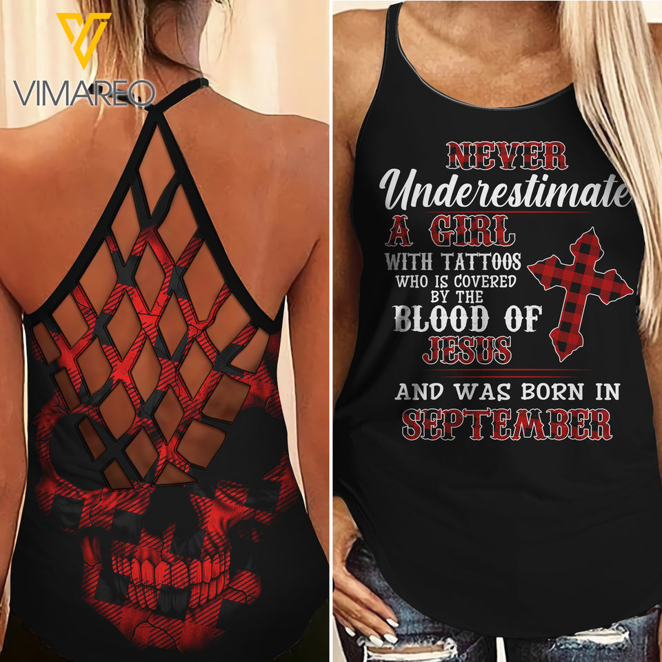 Never underestimate September girt with tattoos Criss-Cross Open Back Camisole Tank Top