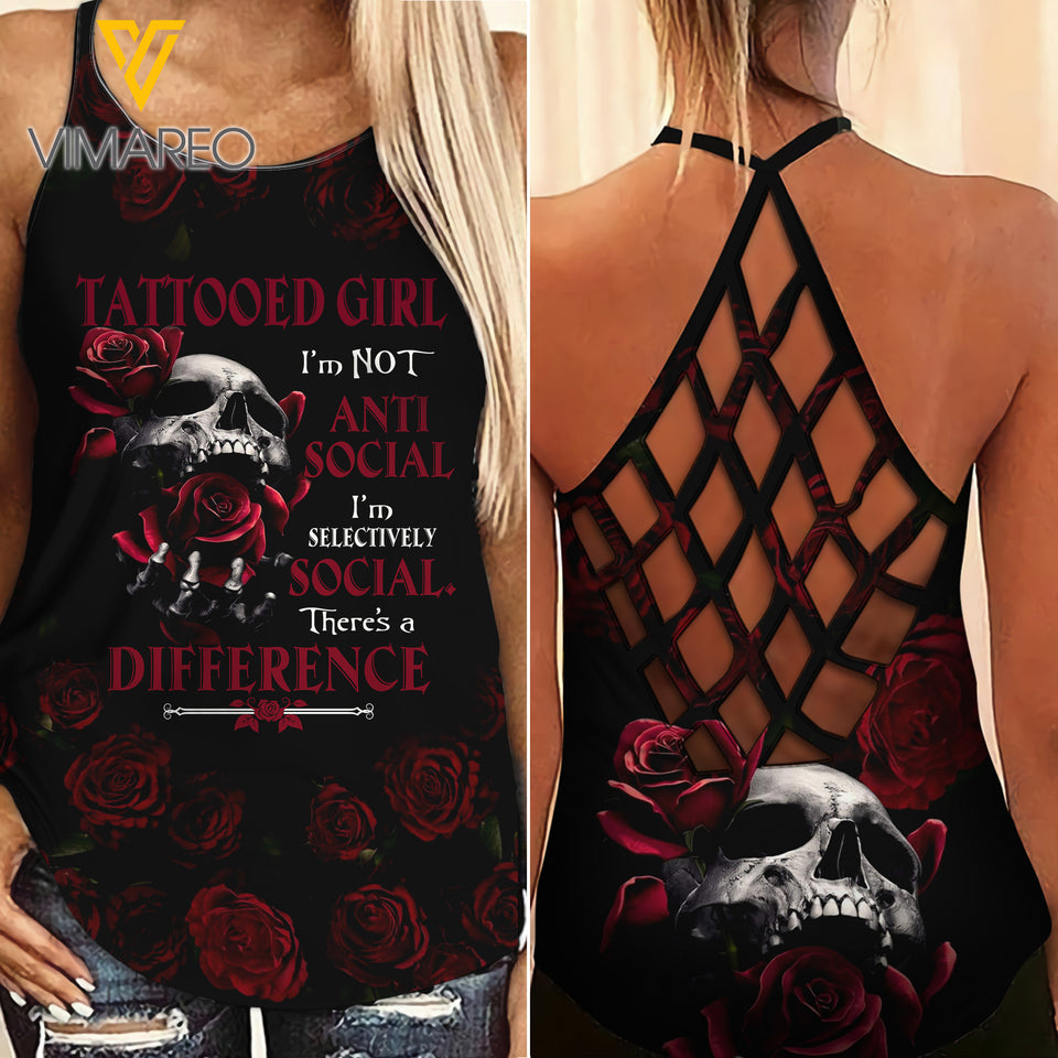 Tattooed Girl Criss-Cross Open Back Camisole Tank Top Legging ANT