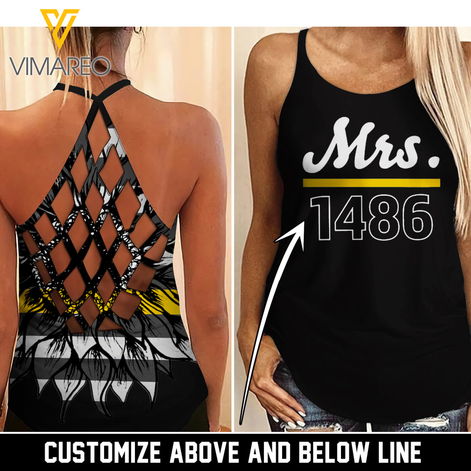 Custom Thin Yellow Line Criss-Cross Open Back Camisole Tank Top SU