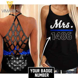 CUSTOM THIN BLUE LINE Criss-Cross Open Back Camisole Tank Top SK