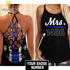 CUSTOM THIN BLUE LINE Criss-Cross Open Back Camisole Tank Top SK