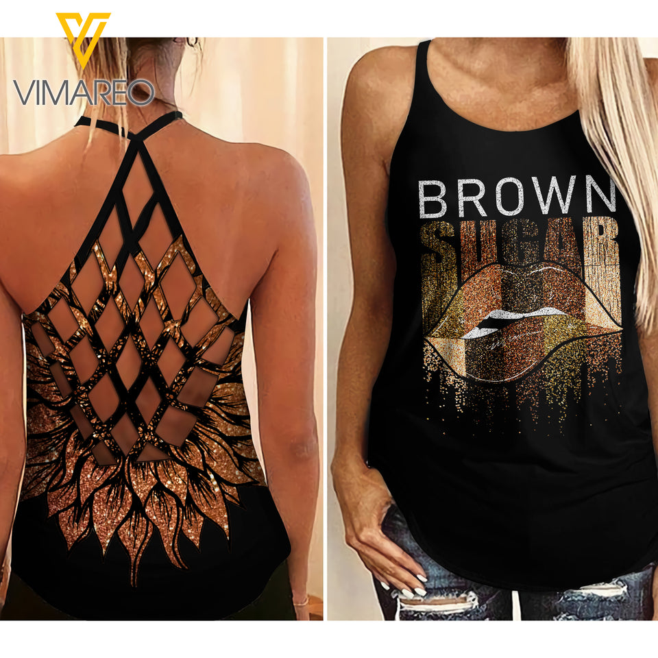Brown sugar Criss-Cross Open Back Camisole Tank Top