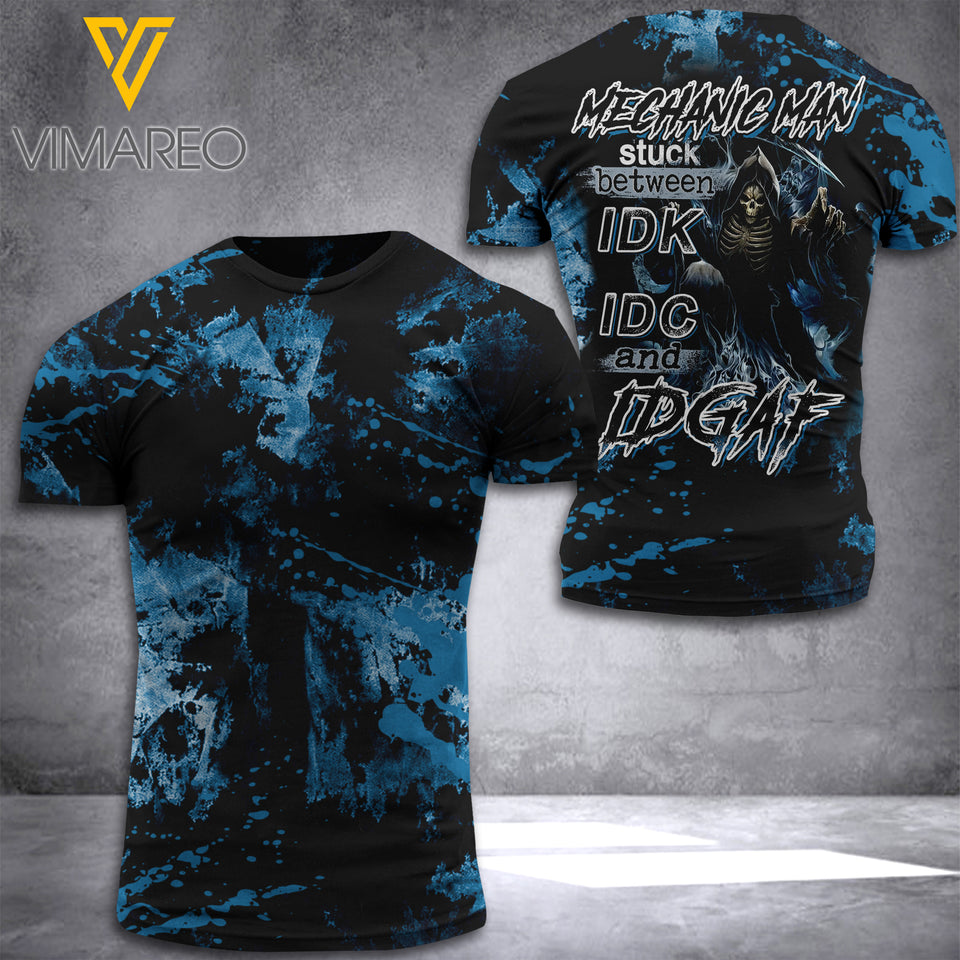 MECHANIC MAN STUCK BETWEEN IDK IDC AND IDGAF  BLEACHED TSHIRT PRINTED