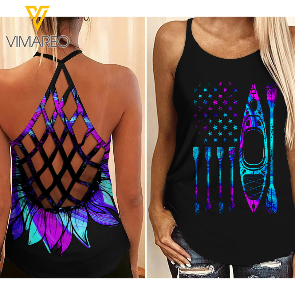 KAYAKING TIE DYE SUNFLOWER CRISS-CROSS TANK TOP