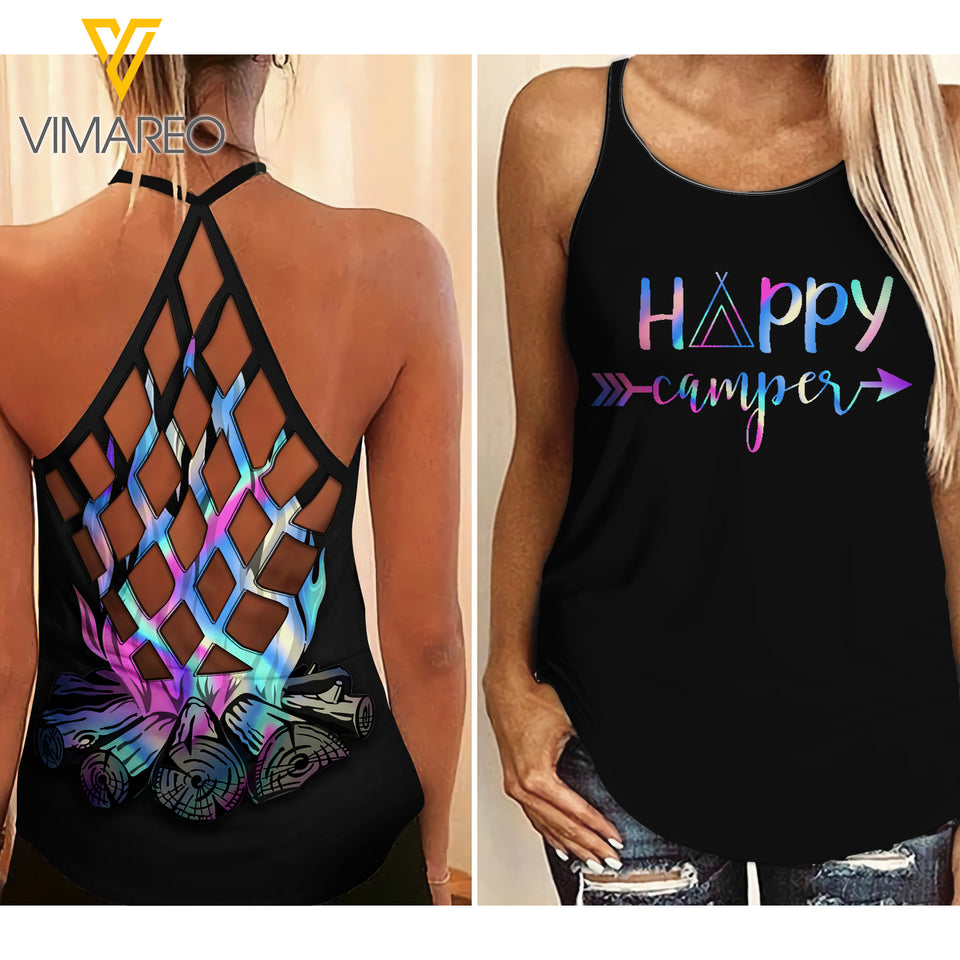 HAPPY CAMPER CRISS-CROSS TANK TOP CAMPING GIRL