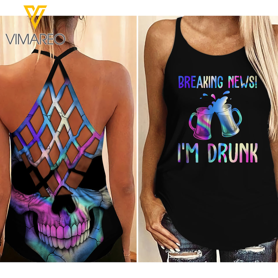 BEER BREAKING NEWS CRISS-CROSS TANK TOP SKULL