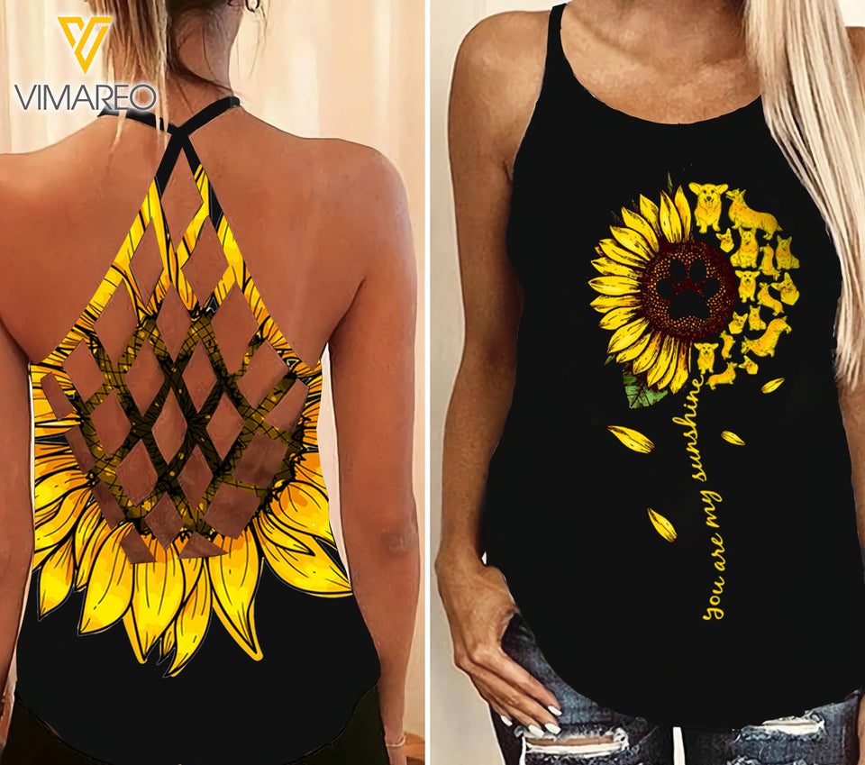 Corgi Sunflower Criss-Cross Open Back Camisole Tank Top