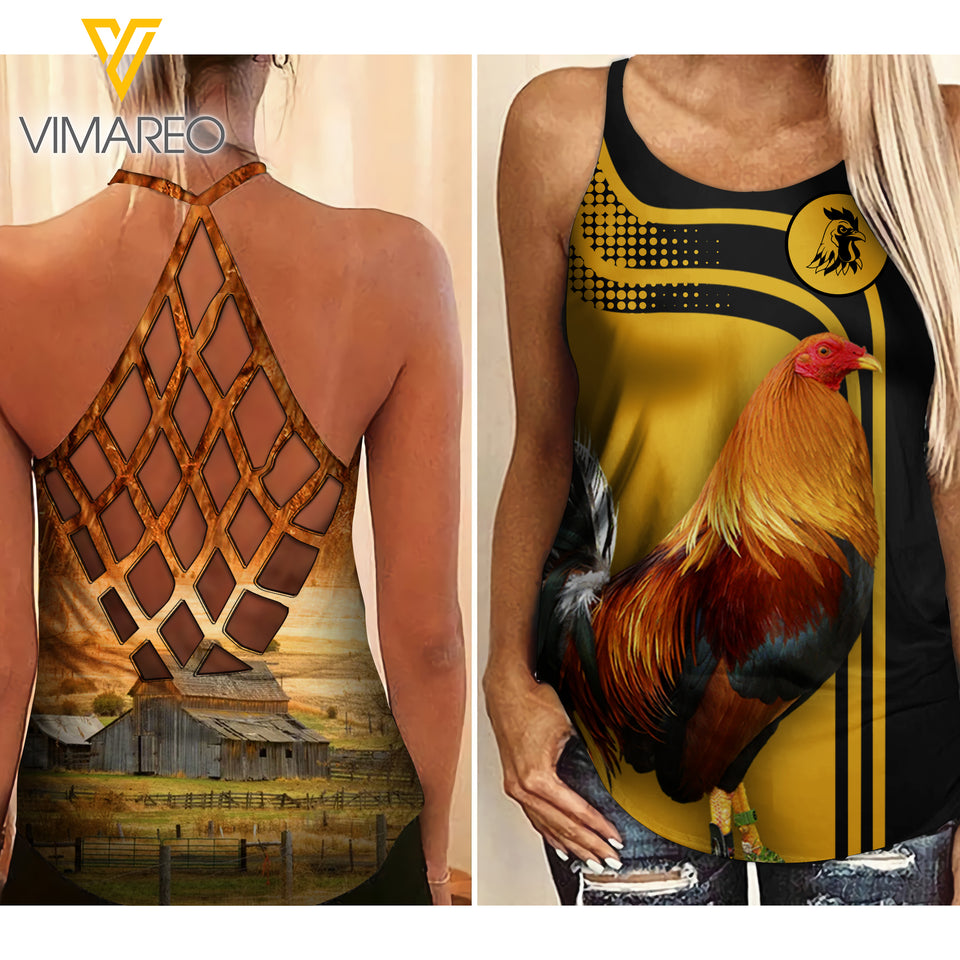 Rooster Criss-Cross Open Back Camisole Tank Top TMTL RANCH