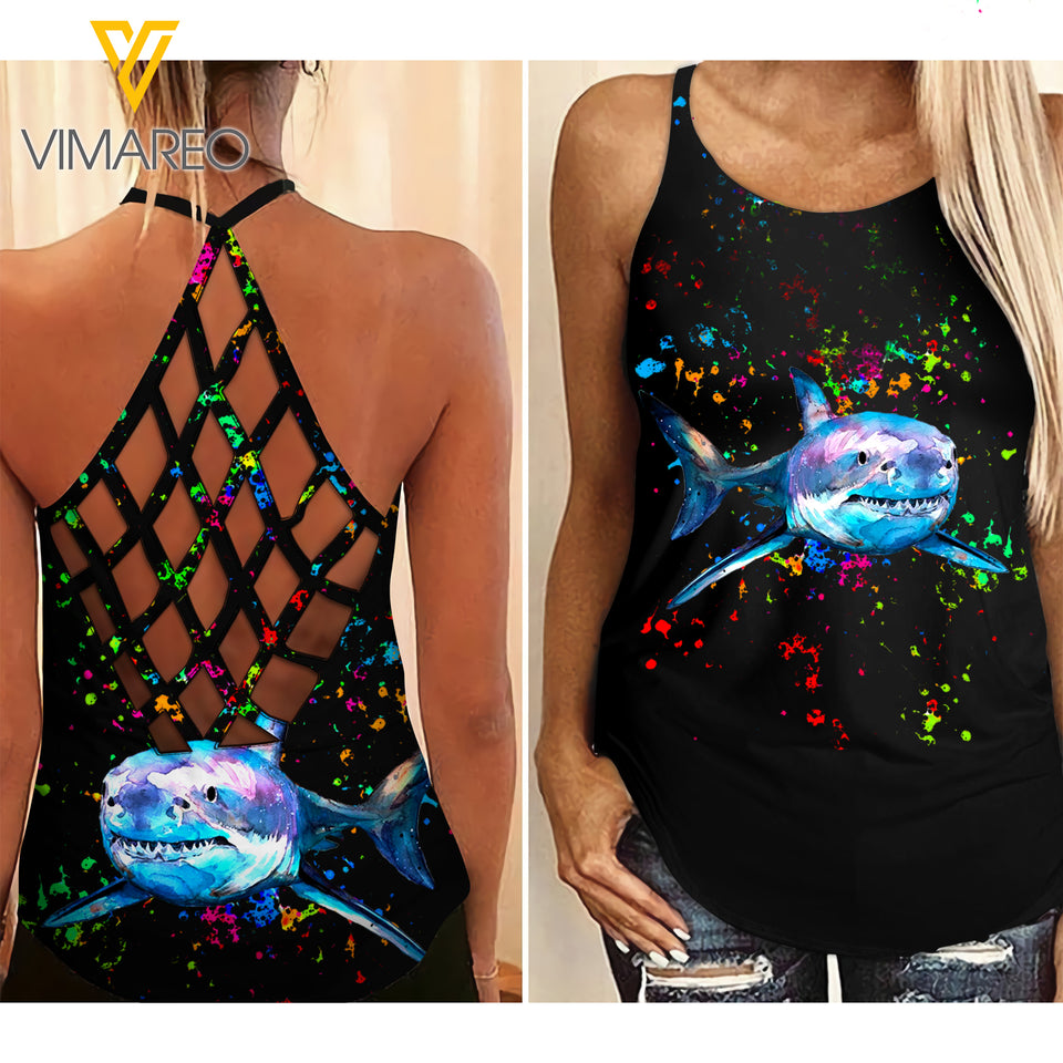 SHARK Criss-Cross Open Back Camisole Tank Top Legging TMT2506