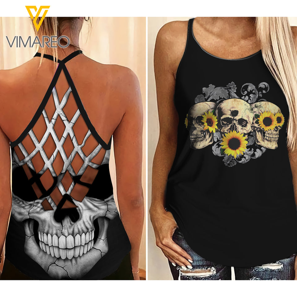 SKULL SUNFLOWER Criss-Cross Open Back Camisole Tank Top QMN