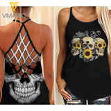 SKULL SUNFLOWER Criss-Cross Open Back Camisole Tank Top QMN