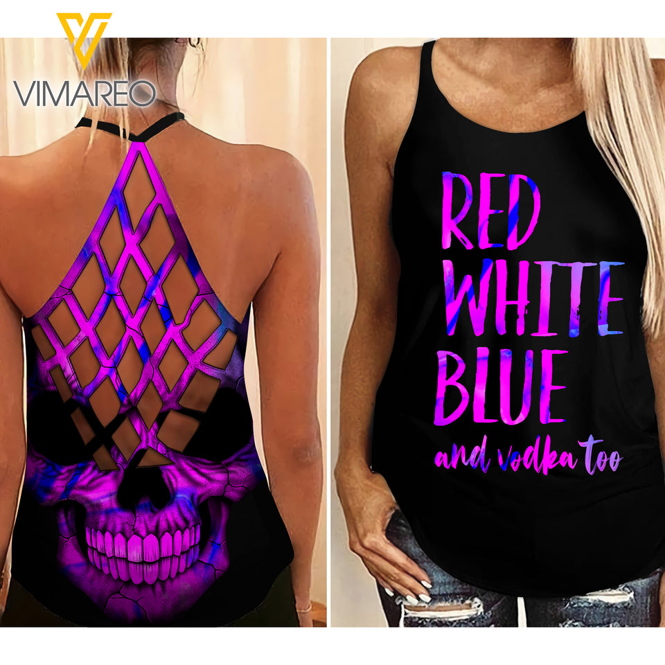 KHMD RED WHITE BLUE VODKA PU Girl Criss-Cross Tank Top 0504