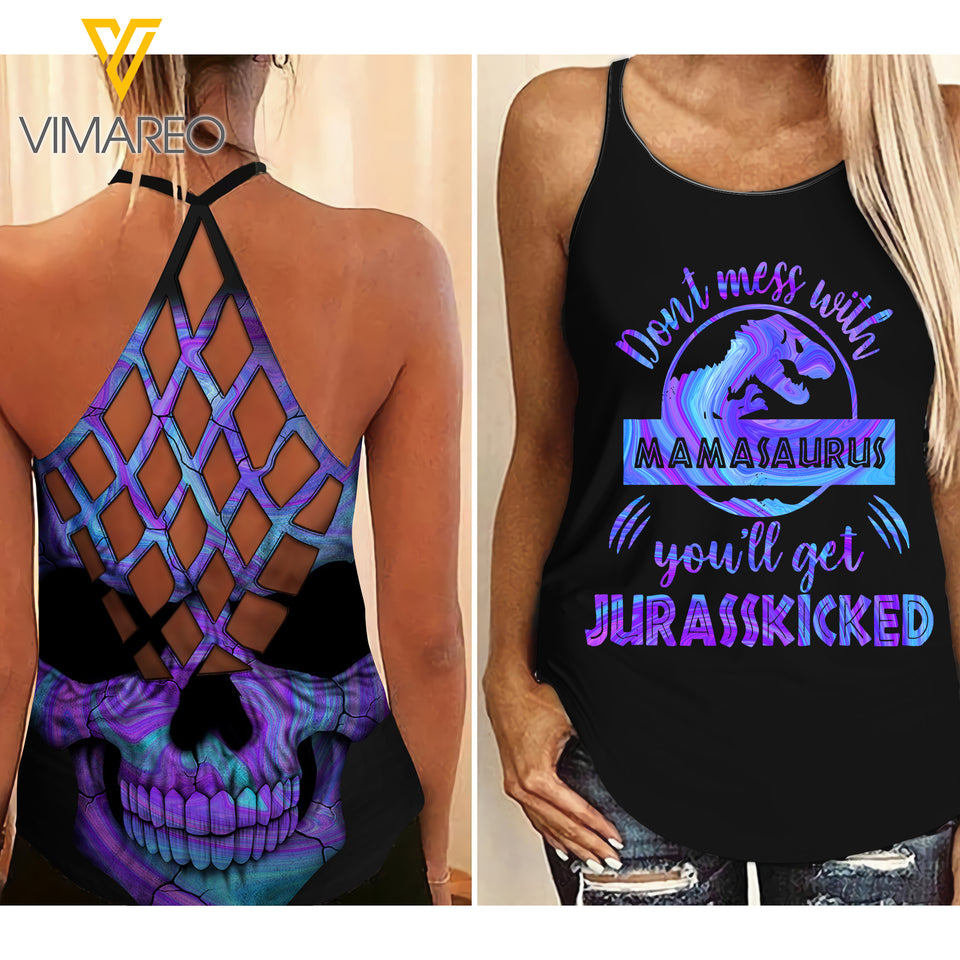 MAMA SAURUS GIRL Criss-Cross Open Back Camisole Tank Top warning