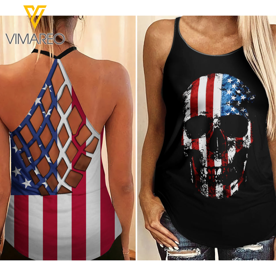 Flag Skull Criss-Cross Open Back Camisole Tank Top APR-MD27