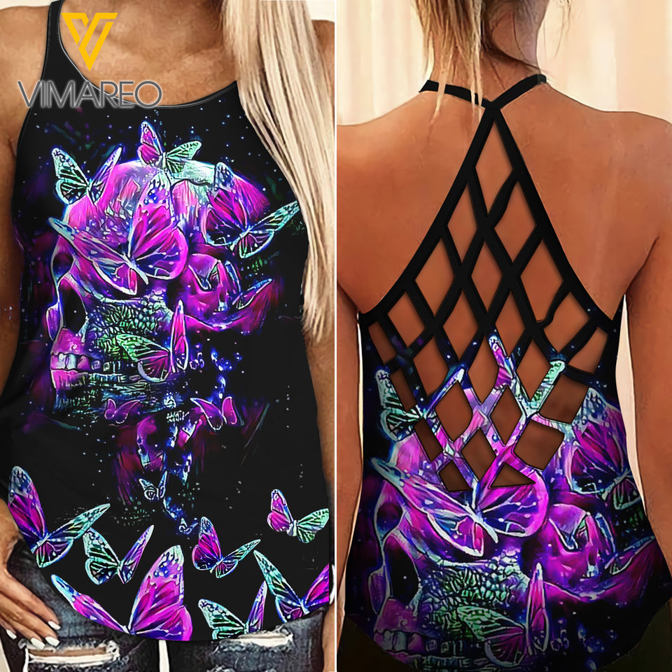 Skull Girl Criss-Cross Open Back Camisole Tank Top Legging THSEU1