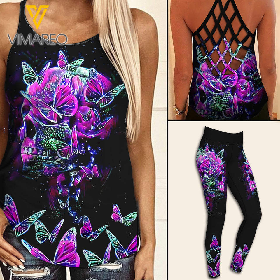 Skull Girl Criss-Cross Open Back Camisole Tank Top Legging THSEU1